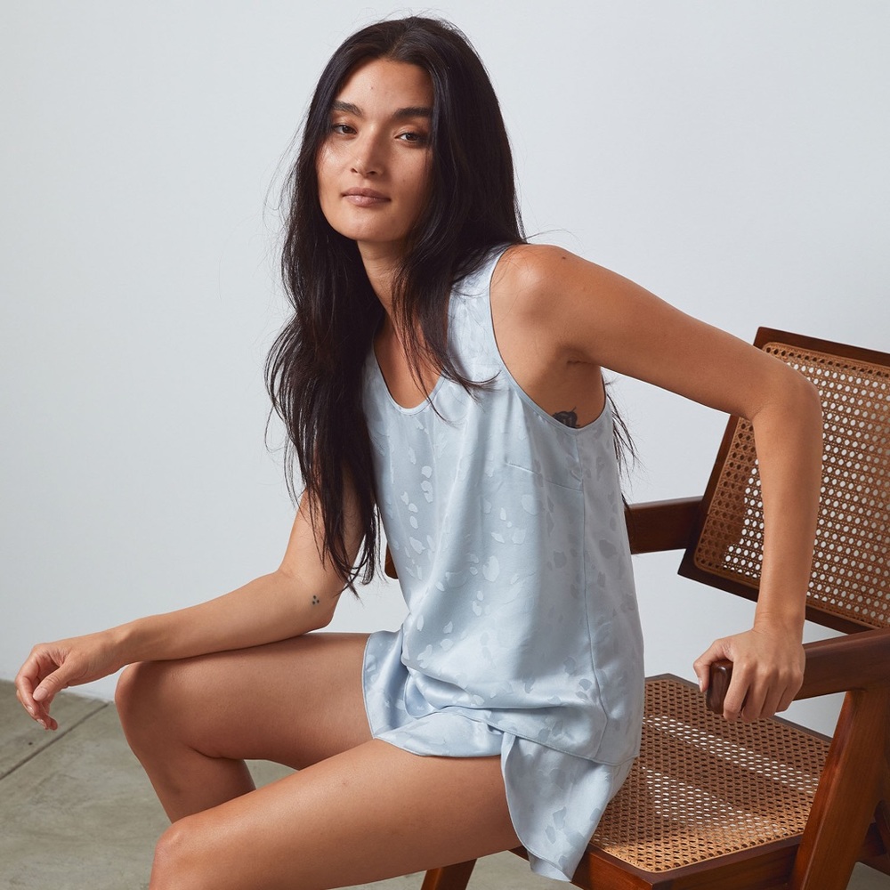 Lunya Chilled Blue Jacquard Print Silk Set